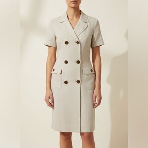 Teri Jon Beige Double-Breasted Midi Dress